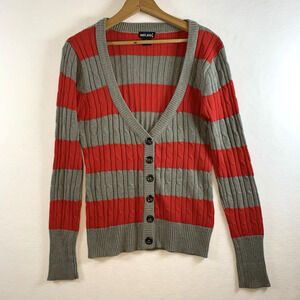 Wet Seal Womens Y2K Fitted Cable Knit Cardigan Sweater Sz XL Striped Preppy Punk